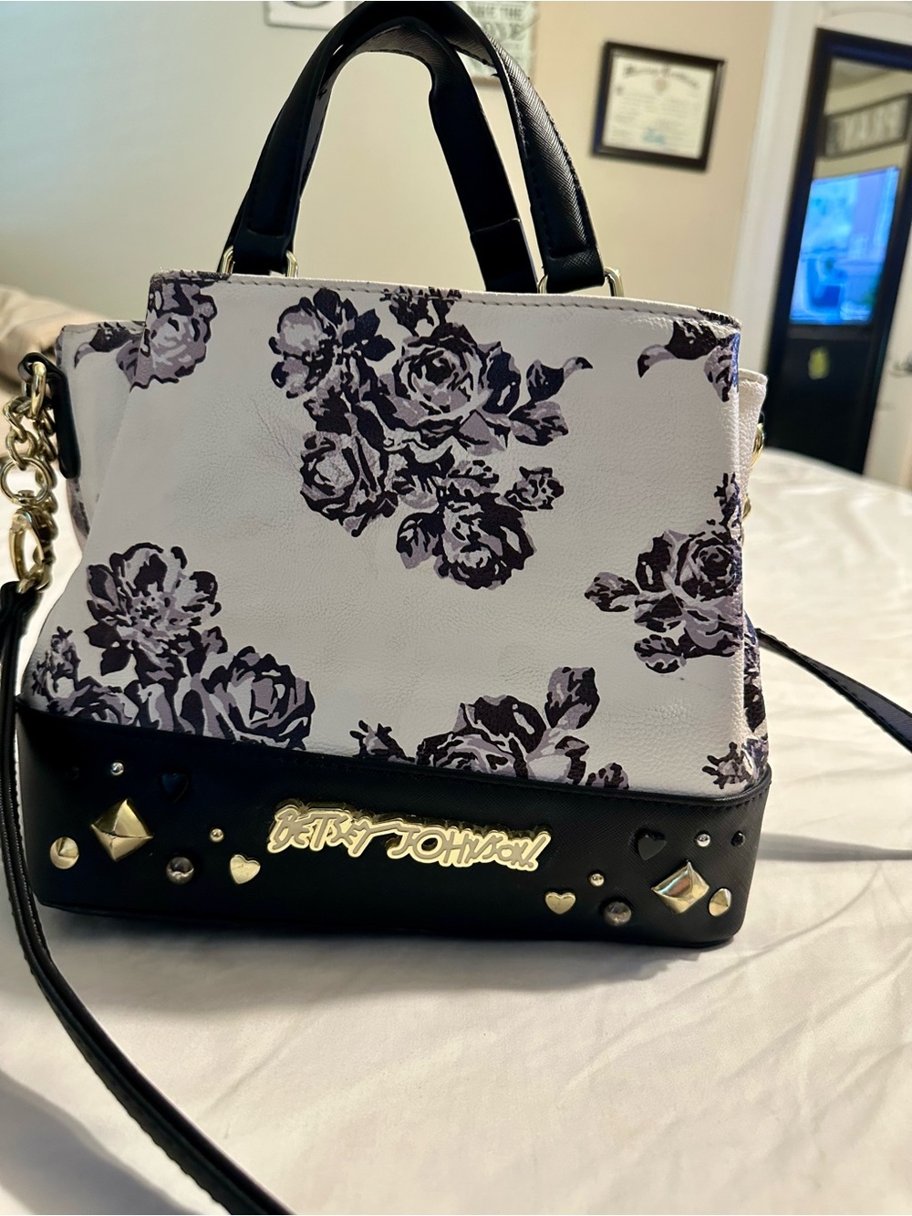 Betsey Johnson Black & White Floral Studded Satchel